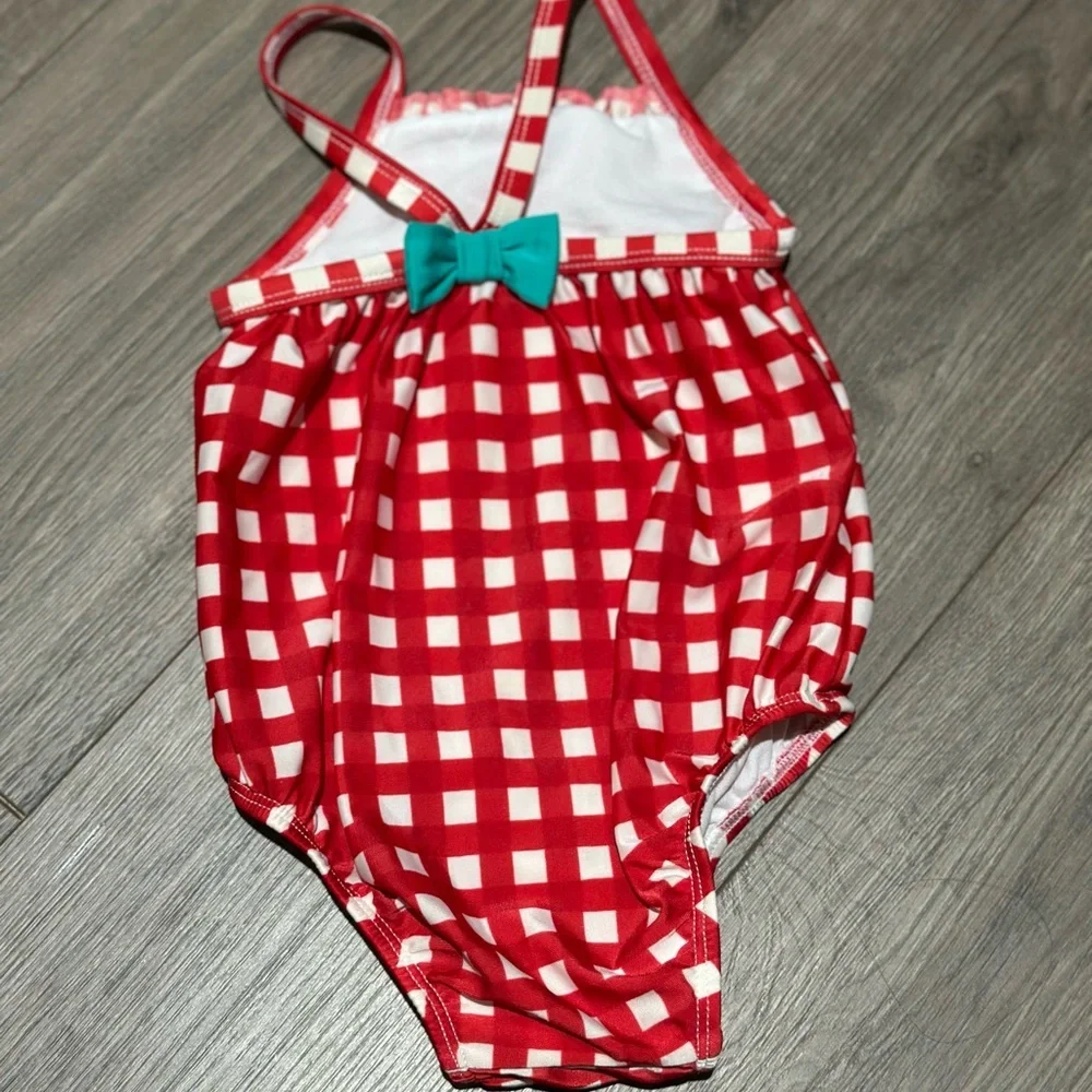 Kids Girl 2T  Month Red Gingham One-Piece Swimsuit with Smocked Detail